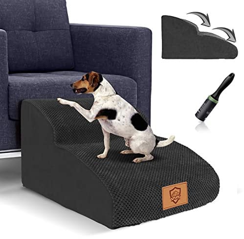 Myiosus Dog Steps for Sofa, 2-Step Wider Pet Dog Stairs for Small Cat with Waterproof Removable Cover, Non-Slip Foam Pet Ramps & Stairs for High Bed or Couch, Black, 55 x 40 x 30cm
