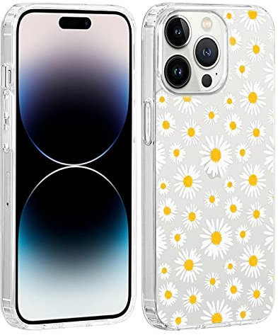 32nd Floral Gel Series - Transparent Clear Case with Floral Design for Apple iPhone 14 Pro (6.1), Hard Back Cover with TPU Gel Edges - Daisy