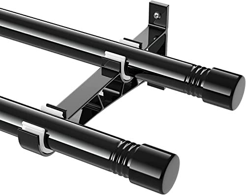Gardinenstangen Innenlauf 2-Läufig aus Edelstahl, 76-157cm Gardinenstangen Verstellbare mit Kappenknäufen und Halterungen - Dekorative Fenster für Wohnzimmer Schlafzimmer Fenster/Schwarz