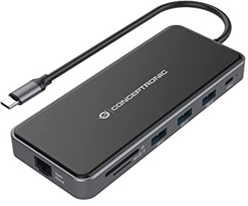 Conceptronic DONN15G 12-in-1 USB 3.2 Gen 1 Docking Station, MST for Windows, HDMI x 2, VGA, USB-C Data, USB-A 3.0 x 2, USB-A 2.0, SD, TF/MicroSD, Audio, Gigabit Ethernet LAN, 100W USB PD