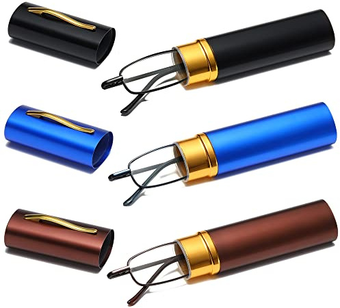 Fsread Small Portable Reading Glasses For Men Women Anti Blue Light Mini Compact Pen Reader Lightweight 3 Pack +1.0