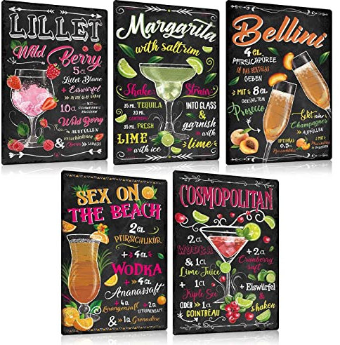 5er Set Retro Cocktail Blechschilder Rezept 20x30cm-Metallschild mit Witziger Spruch-LILLET,BELLINI,COSMOPOLITAN,MARGARITA-Vintage Wand-schild Deko Geschenk-bar Pub Kellerbar Lounge