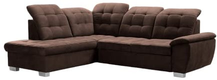 DomiMeble Ecksofa Lotta 258 x 212 x 108 cm - modernes Sofa, bequem mit hochelastischem Schaumstoff, mit Bettkasten, mit Schlaffunktion, angenehm anzufassendes Veloursmaterial (Linke Seite, Braun)