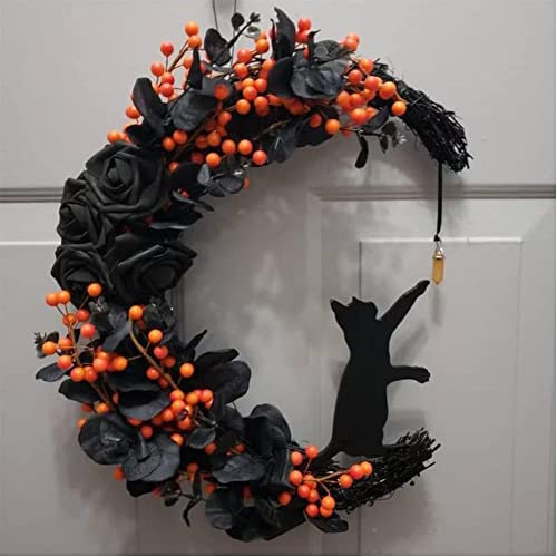 Haustür Kränze Halloween Schwarze Katze Halbmond Kranz Halloween Dekorationen Gothic Stil Weihnachtskranz