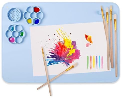 iskandi Extra Large Silicone Craft Mat - Includes 6 Paint Brushes, Palette, Water Cup - Blue, 40 cm x 60 cm