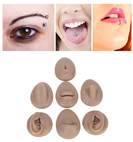 7pcs Parties du Corps de Pratique de Piercing, Parties du Corps en Silicone pour Kit de Piercing, Fausses Parties du Corps, Silicone Souple Oreille Bouche Nez Oeil Langue (Couleur de peau foncée)