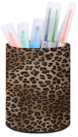 Quteprint Pot à crayons rond pour bureau, imprimé peau de tigre léopard, pot à crayons de bureau, organisateur de maquillage, boîte de rangement pour la maison, le bureau, les enseignants, cuir