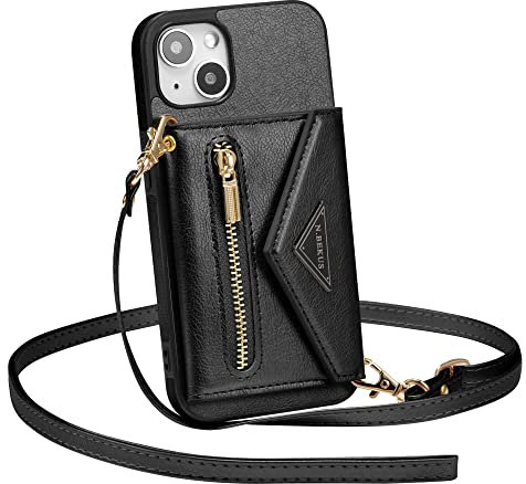 ZCDAYE Hülle für iPhone 15 mit Band, Leder iPhone 15 Handyhülle Handytasche Kleine Geldbörse Handykette Umhängetasche Case für iPhone 15 (6.1 inches), Schwarz