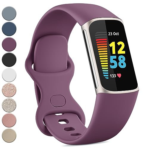 Vanjua Band Compatible with Fitbit Charge 5 Bands Women Men, Soft Silicone Adjustable Waterproof Sport Replacement Wristbands Strap for Fitbit Charge 5 Fitness Tracker (Large, Purple)