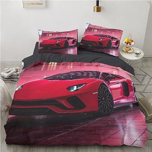 Supersportwagen Bettwäsche 200x200cm, 3Tlg Bettbezüge Set Roter Luxus-Sportwagen 3D Motiv mit Reißverschluss und 2 Kissenbezüge 80x80cm,Microfaser Kinderbettwäsche ÖKO-TEX Zertifiziert für Allergiker