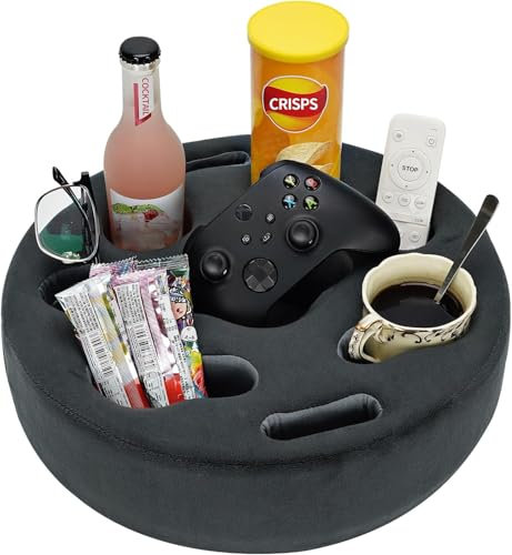 FDMGEL Getränkehalter Sofa – Praktischer couch getränkehalter, herausnehmbares und waschbares Samt-Cup-Cosy-Kissen-Kissen-Schoßtablett mit Kaffeetassenhalter für Zuhause, Auto, Bad, Park, Reisen– Grau