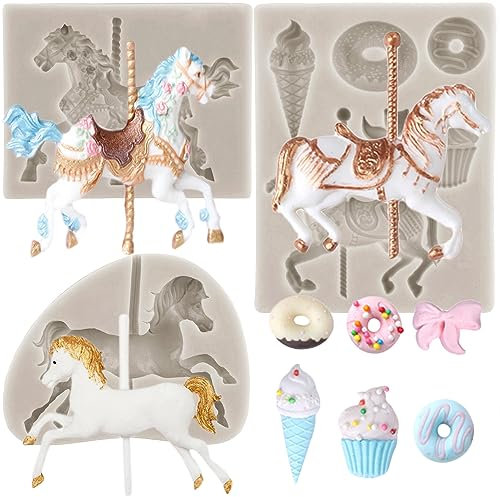 MYPRACS 3 Stück Karussell Pferd Silikon Fondant Formen Karussell Schokoladen Gummipaste Form für Babyparty Süßigkeiten Cupcake Topper Polymer Ton Kuchendekoration