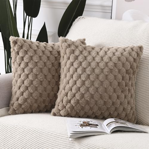 Madizz 2er Set Kunstpelz Plüsch Dekorative Kissenbezüge Weich Dekorative Kissenbezug für Sofa Schlafzimmer Kissen Shell Kamel 45 x 45 cm