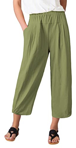 TOMEEK Pantalones de Lino Anchos 3/4 con Bolsillos, Capri de Cintura Alta Elasticos de Algodón, Fluidos para Verano