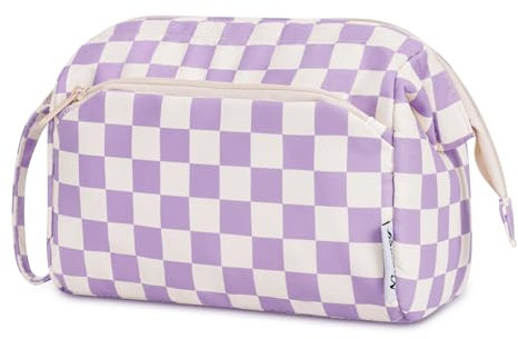 Narwey Kulturtasche Damen Kulturbeutel Kosmetiktasche Schminktasche Reise Make-up-Tasche mit Weit Offener Tasche für Damen Frauen (Gitter Lila)