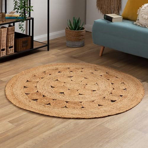 Steffensmeier Jute Teppich Goa | Rund | Wohnzimmer, Flur, Eingangsbereich, Naturfaser, handgeflochten, Flower, Größe: Ø 100 cm