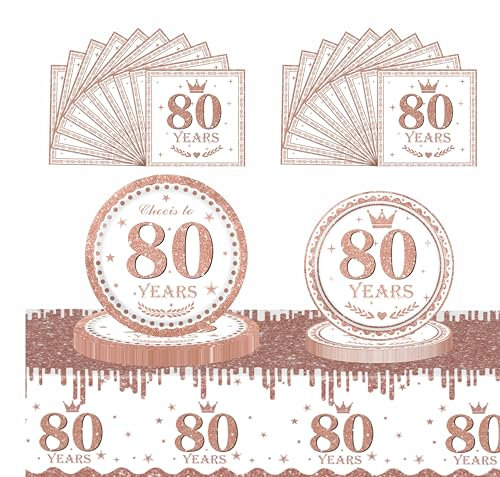 53Pcs Rose Gold 80th Happy Birthday Party Tableware Decorations for Her Plastic Table Cloth,7,9inch Paper Plates,Napkins for Women Birthday Table Party Tableware Set for Girls Women Adults