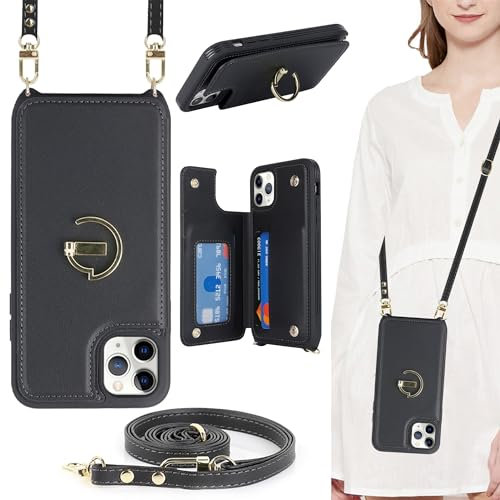 ELTEKER for iPhone 11 Pro Max Phone Case with Card Holder and Strap,PU Leather Wallet Case Flip Cover with Crossbody Lanyard Strap for iPhone 11 Pro Max (6.5 Inch) - Black