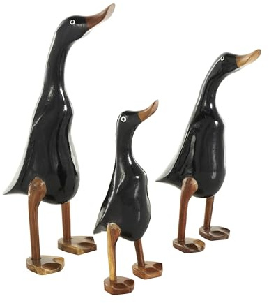Deco 79 Wood Duck Decorative Sculpture Home Decor Statues with Brown Accents, Set of 3 Accent Figurines 16, 14, 11H, Black
