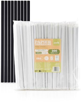 Sovie Strohhalme Papier Schwarz - Trinkhalme Plastikfrei - Einzeln Gehüllt, FSC-zertifiziert, Biologisch Abbaubar - Ø 8mm - 23cm Länge - 200 Stück