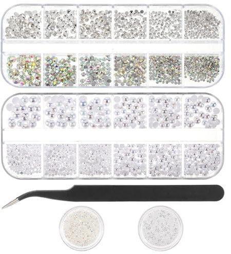 Qianyu 4Pcs Nail Rhinestones with Tweezers Fine Pearls Nail Charms Mini Flatback Gemstones Nail Jewel Kit Glitter Crystals Nail Art Accessories for Women DIY Design Decoration Craft Face Makeup