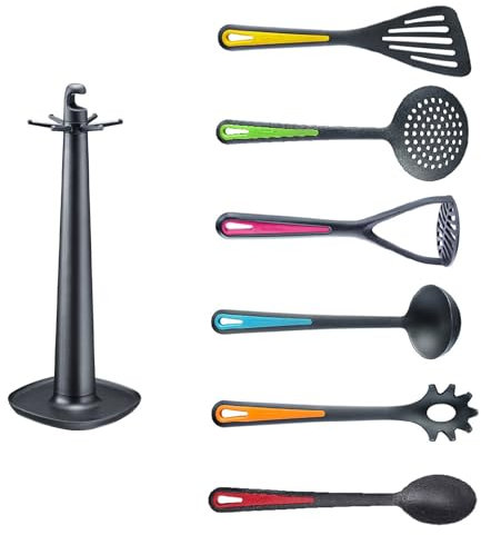 Westmark Utensilios de Cocina, Soporte giratorio con pasapurés, Cuchara, Cuchara para pasta, Cucharón sopero, Espumadera y Espátula, Multicolor, 7 piezas