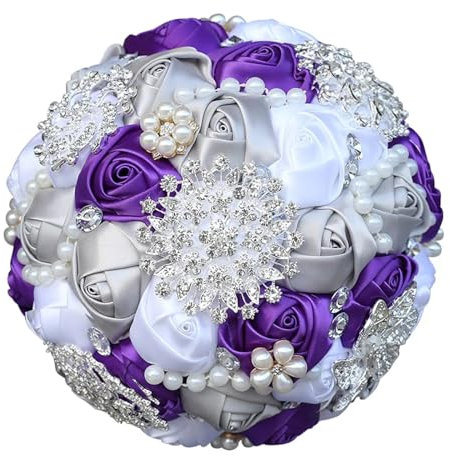 Spilla fatta a mano bouquet da sposa in raso rose fiori strass perline bouquet da sposa bouquet artificiale bouquet di rose artificiali decorazione (colore: viola, argento bianco, dimensioni: 18 cm di