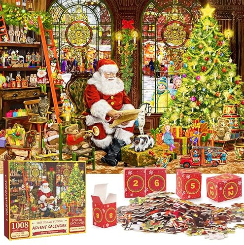 Rhybor Adventskalender 2024 Weihnachts Jigsaw Puzzle Christmas Countdown Jigsaws Puzzle Adventskalender Krippe 24 Tage Countdown bis Weihnachtsgeschenke Adventskalender für Kinder 1008 Teile Puzzle