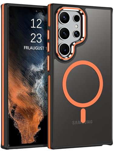 YINLAI for Samsung Galaxy S22 Ultra Case Compatible with Magsafe Magnetic Translucent Samsung S22 Ultra Phone Case Slim Protection Case for Samsung S22 Ultra 6.8, Black/Orange