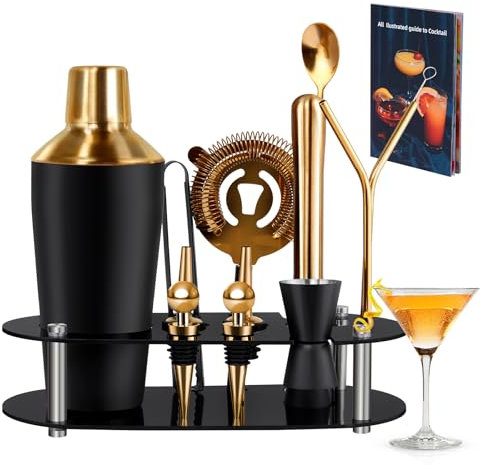 Zanfqvo 700 ML Shaker Cocktail pour Cadeau Homme, 14 Pièces Kit Cocktail Professionnel + Doseur Cocktail + Pilon Cocktail, Kit Mojito Martini Gin pour Maison, Bar (Or)