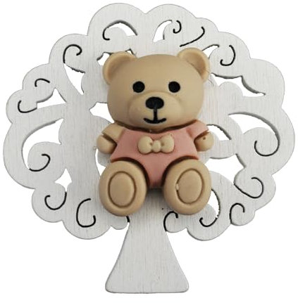 DLM-A331 Bomboniere 12 Calamite Magnete Albero della vita in Legno Orso Orsetto Femmina Confettata Segnaposto Battesimo Bambina Nascita Bimba Compleanno Femminuccia cm 5x5