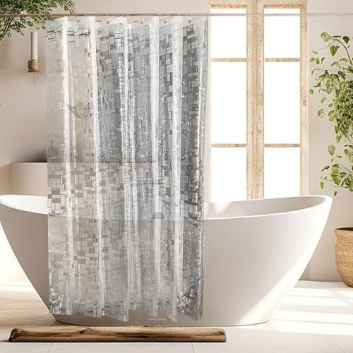 CAPASTEC 1 Set Tenda da Doccia con Motivo a Quadri, Tenda da Bagno 180 x 200 cm con Magnete a 3 pesi, Tenda da Doccia impermeabile in EVA con 12 anelli per bagno, trasparente
