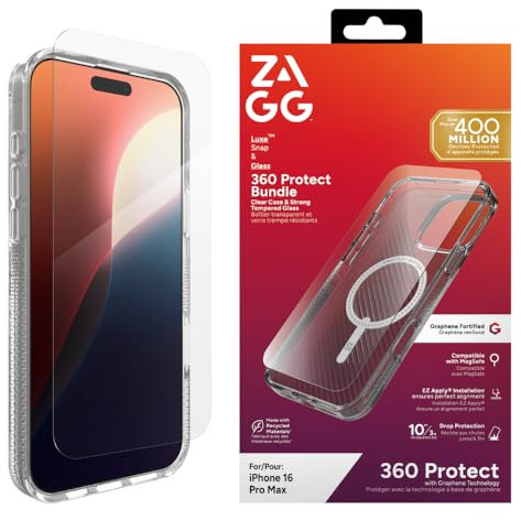 ZAGG Luxe Snap & Glass 360 Graphene-Reinforced Case with Tempered Glass Screen Protector for iPhone 16 Pro Max [6.9-Inch], MagSafe Compatible, Anti-Yellowing, Shockproof (Transparent)