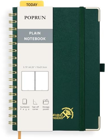 POPRUN Notizbuch A5 Blanko, Spiral-Notizbücher 120 GSM Papier, 141 nummerierte Seiten, Hardcover mit Kleberegisterkarten und 8 Abreißblättern - DG(Dunkelgrün)