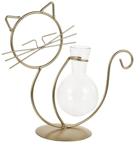 MUSISALY Hydroponische Glasvase Mit Katzenmotiv Transparente Kreativ-blumenvase Für Kleine Sträuße Metallständer Dekorative Hydrokultur-schreibtischvase Für Home Office Deko