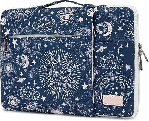 SANFAN 360° Laptoptasche Schutzhülle Tasche mit 3 Taschen, Tragegriff und Gepäckgurt, Motiv: Sonne, Mond und Sterne auf marineblauem Hintergrund