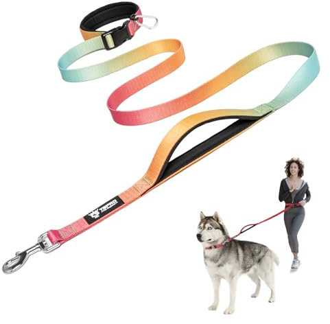 TSPRO Correas para Perros Manos Libres, Ajustables y Resistentes, con Mango Acolchado Suave y Hebilla de Metal, Ideales para Perros de Tamaño Mediano a Grande (Degradado Naranja Rojo Cyan)