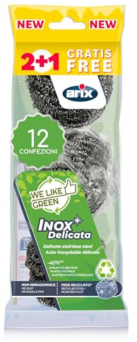 ARIX | 36 Scheuerschwämme aus Edelstahl der Linie We Like Green, kratzfester Scheuerschwamm zum Entfernen von hartnäckigem Schmutz und Verkrustungen, Geschirr, Stahltopf – 12 Packungen