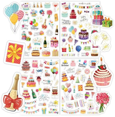 Altdeovk Sticker Geburtstag Gästebuch, 4 Blätter Motive Selbstklebende Aufkleber, Birthday Stickers, Fotoalbum Sticker für Gästebuch Party Dekoration, DIY Karten, Scrapbook für Kinder & Erwachsene