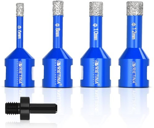 Juego de 4 brocas de diamante HV 10000 + dureza, 6, 8, 10 y 12 mm, M14, broca de cristal, para amoladora angular, corona de perforación de cerámica, mármol, con adaptador HEX
