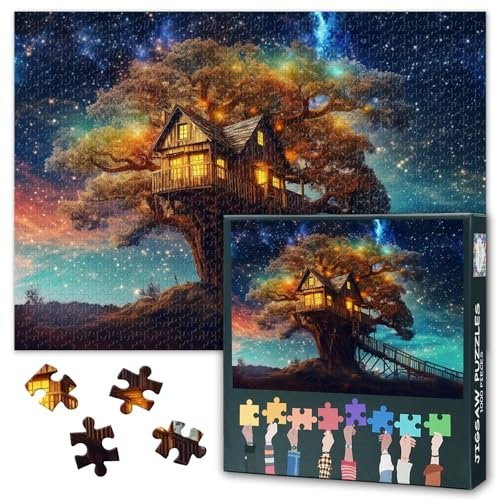1000 Pieces Puzzles for Adults Tree House Jigsaw Puzzles for Adults Home Wall Decoration Tree House with Beautiful View of the Sky Night Intelligence Puzzle as Gifts for Family Friends 27.5X19.7