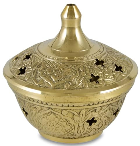 LivuX Weihrauchgefäß aus Messing Gold 6,5 x 7 cm - Mit Deckel und Gittereinsatz Weihrauchschale für Weihrauch, Räucherwerk, Harze - Betriebsart Räucherkohle 1093