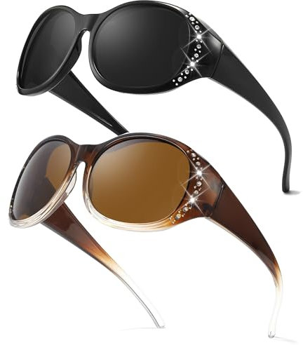 Myiaur 2er Pack Polarisiert Sonnenbrille für Brillenträger Damen UV Schutz mit Glitzerndem Rahmen Überzieh Sonnenbrille für Autofahren