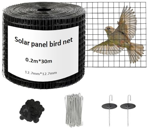 Tasofac 30M x 20CM Solar Panel Bird Mesh Kit, 8in*100ft PVC-Coated Steel Wire with 60 Clips, Bird & Pest Protection for Solar Panels, Chicken Coops, Dog Kennels, Bird Proofing Mesh