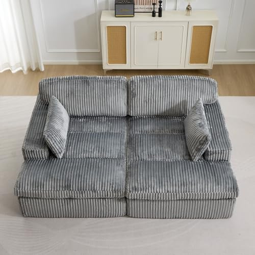 EMKK Cord Sofa 214x145x57 cm, 2 Sitzer Sofa mit Schlaffunktion, Loveseat Sofa mit Armlehnen, Komfort Boneless Couch, Keine Montage Erforderlich, für Wohnzimmer, Schlafzimmer (Grau)