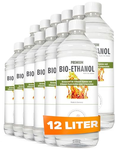 HaA Bioethanol 96,6% Premium 12 x 1L – Für Bioethanol Kamin & Tischfeuer Indoor – Bio Ethanol für Tischkamin Indoor & Outdoor - Geruchsarm & rückstandsfrei – aus nachwachsenden Rohstoffen
