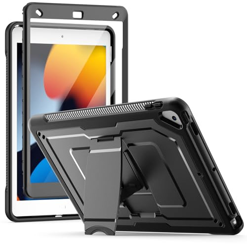 SEYMAC Custodia per iPad 9a/8a/7a Generazione da 10,2 pollici (2021/2022/2019), Cover Protettiva Antiurto con Supporto Incorporato e Protezione Dello Schermo, Nero