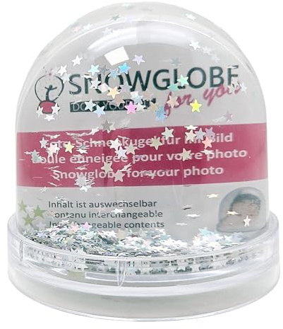 Personalisierbare Schneekugel mit 2 Fotos | Silber Sterne |82x94 mm| 50011 | Sockel transparent | originelles Geschenk | Schüttelkugel Weihnachten, Valentinstag, Geburtstag, Hochzeit