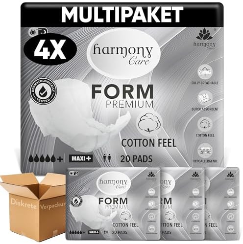 Harmony Care® Premium Form MAXI NIGHT - saugstarke Inkontinenzvorlagen bei starker Inkontinenz - große Windeln für Erwachsene - auslaufsichere Inkontinenzeinlagen Damen und Herren - 4 x 20 Stück