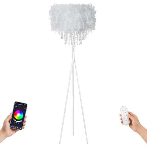 Star Vision Smart Tripod Floor Lamp with Feather Shade & Acrylic Droplets, Dimmable E27 LED Bulb Included, App & Voice Controlled Standing Light, Works with Alexa & Google, White
